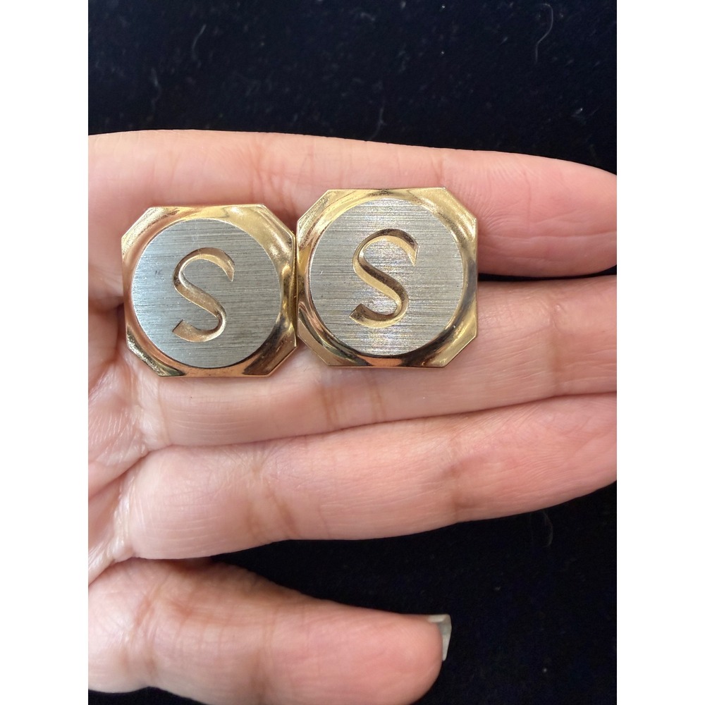 Vintage Initial S Cufflinks Two Tone Gold Silver Octagon Monogram Mens Jewelry